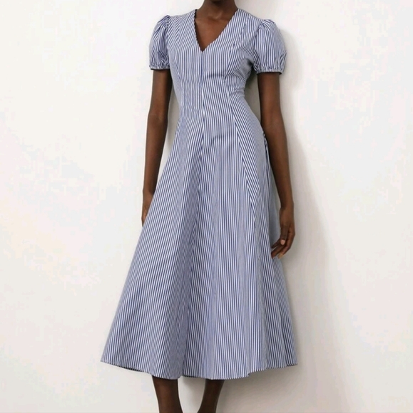 Elegant Commuter Minimalist High-End Design Stripe Blue A-Line Deep V-NECK Puff - Picture 3 of 4